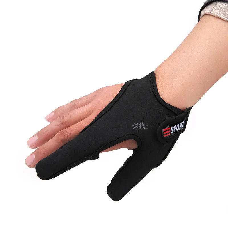 A single two-finger fishing glove in black, showing the diving cloth back and microfiber palm material.