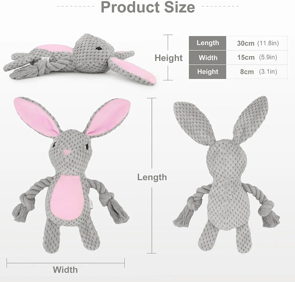 Plush dog toy with squeaker, crinkle paper and cotton rope in animal designs for small medium dogs