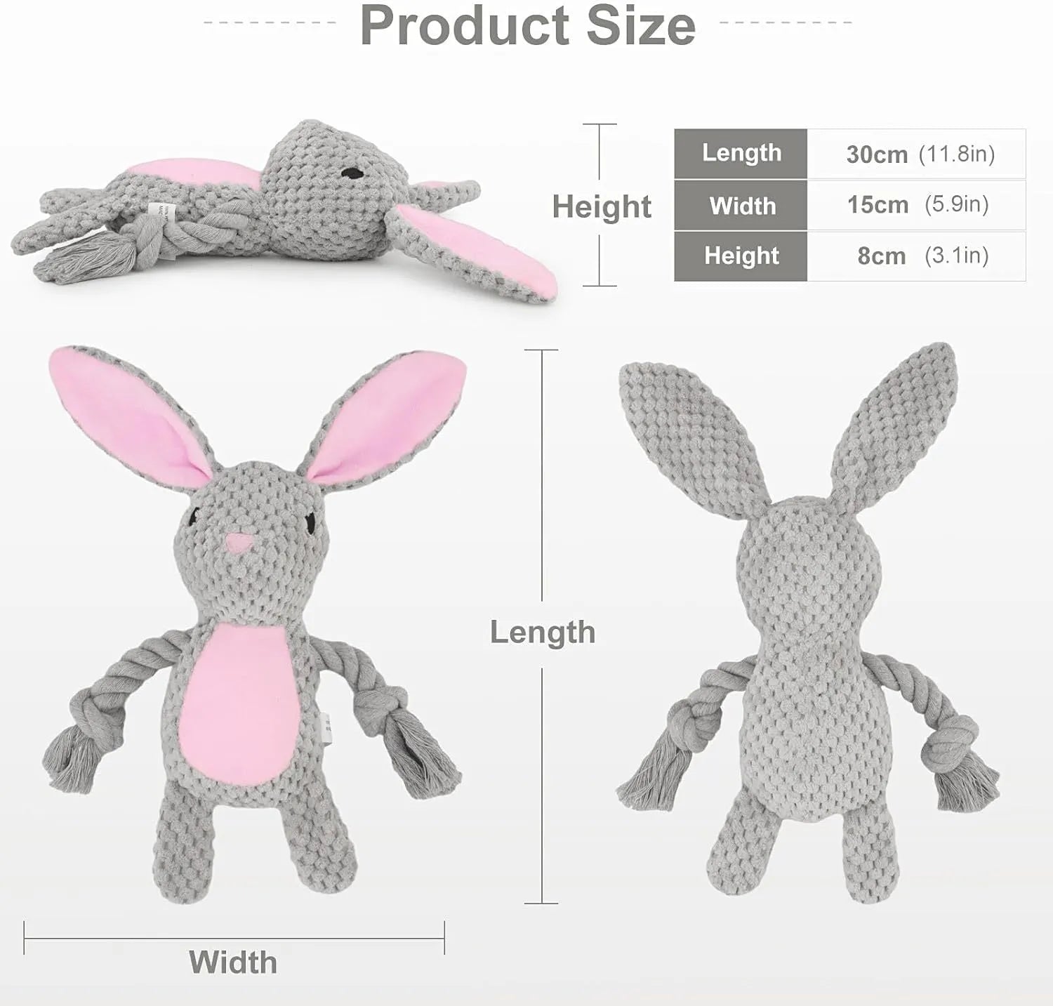 Plush dog toy with squeaker, crinkle paper and cotton rope in animal designs for small medium dogs