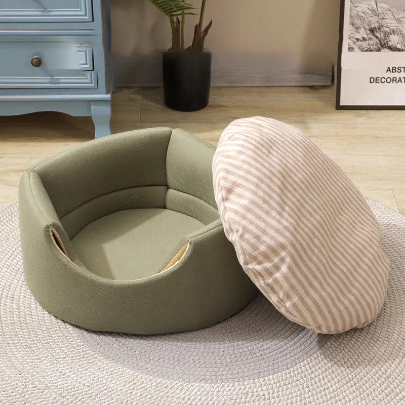 Tree hole warm kennel for small dogs and cats, grey fabric enclosed bed with entrance hole, 45x33x37 cm
