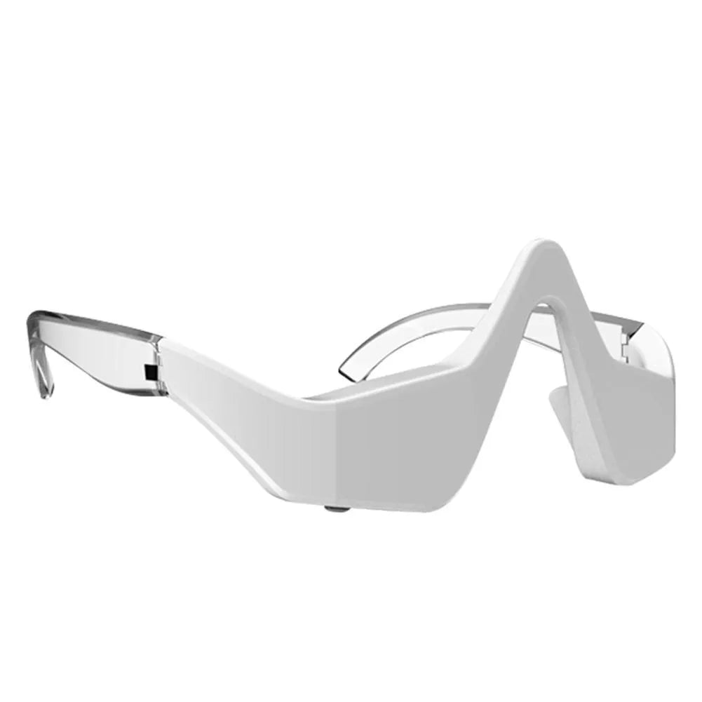 Pink and white 3D micro-current eye massager with glasses-style design on a grey background.