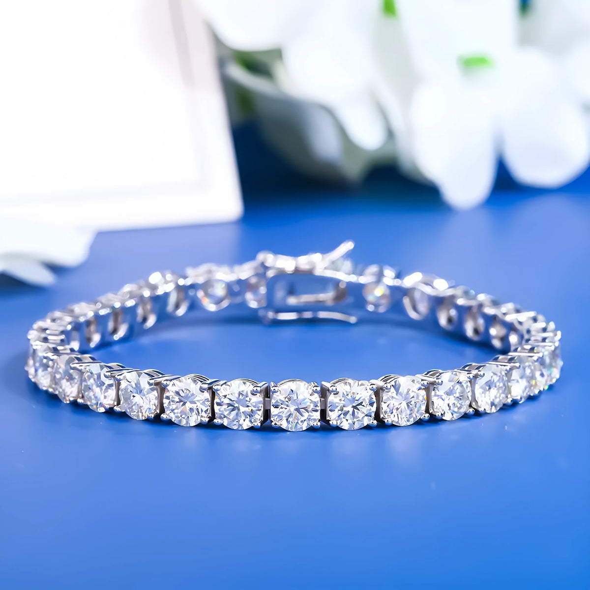 S925 silver moissanite full set bracelet with geometric square and hexagonal star design on a plain background