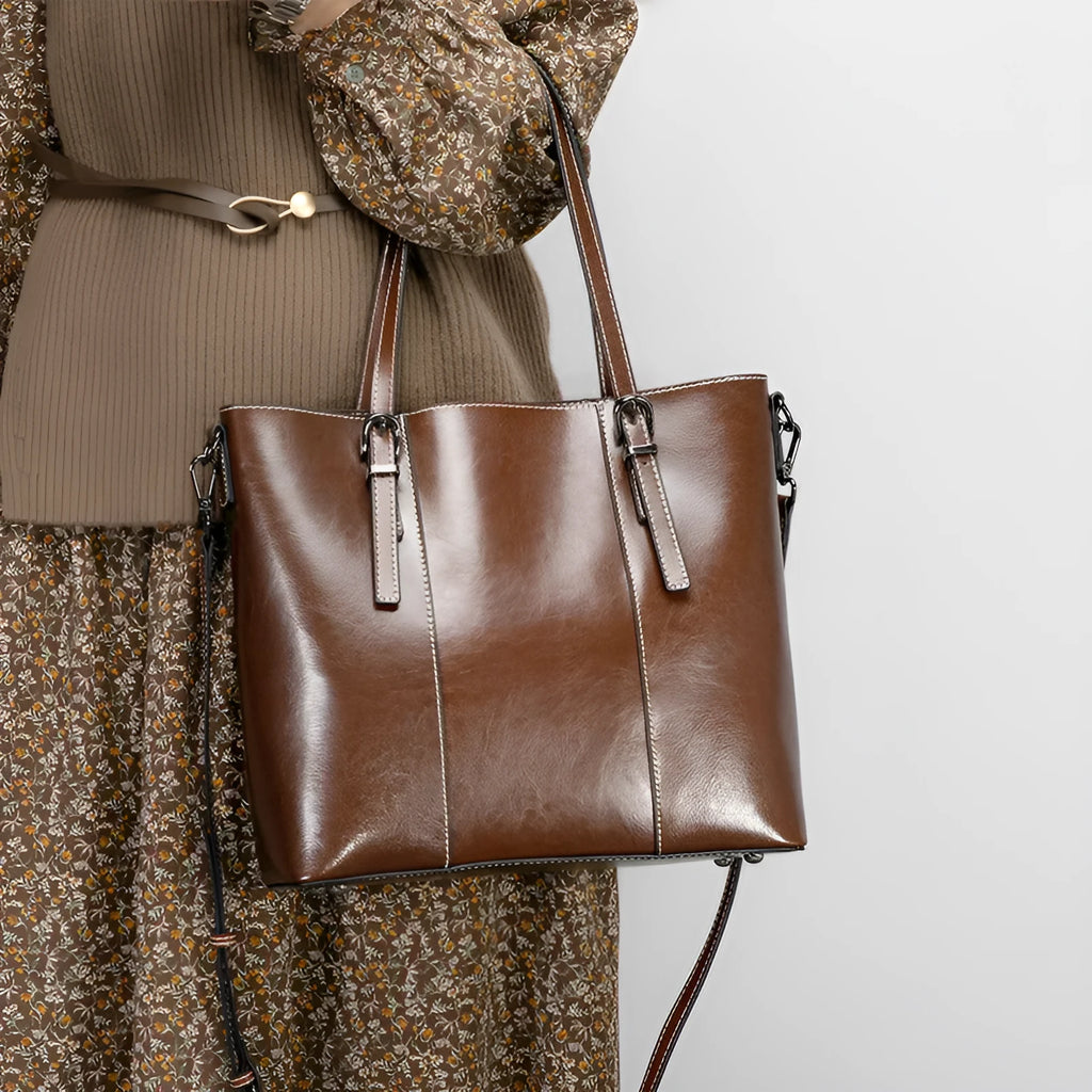 Brown genuine leather women's retro shoulder bag with three straps and multiple pockets