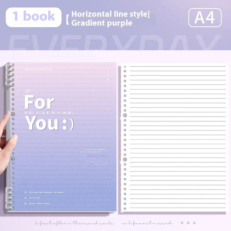 Removable coil gradient notepad in blue, green, pink, or purple with grid paper.