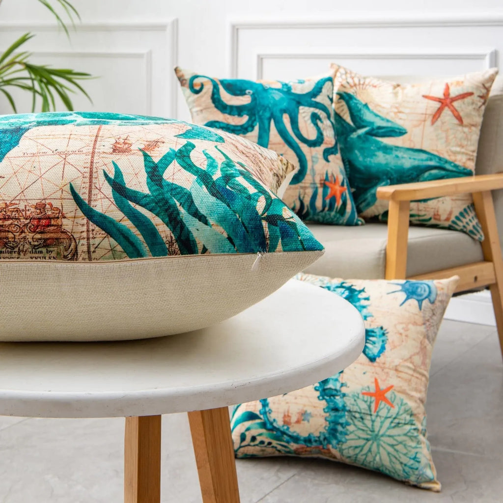 Linen cushion cover with sea turtle pattern measuring 45x45cm with invisible zipper