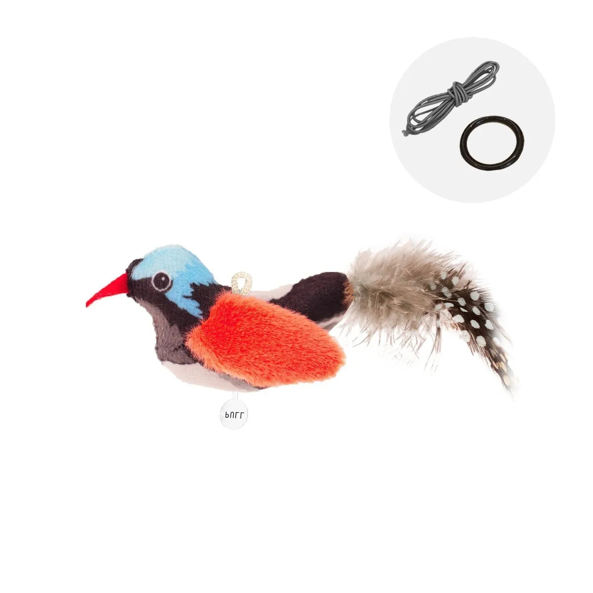 Bird simulation cat toy showing colourful plush bird designs including blue kingfisher and sparrow variants