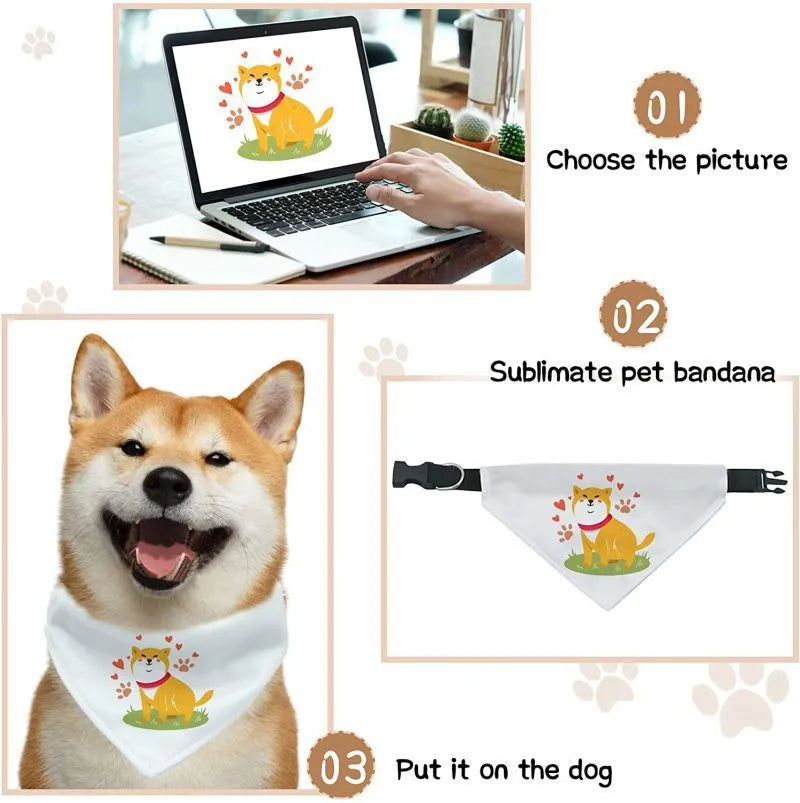 Blank white polyester dog scarf bandana for custom thermal transfer printing, shown in four sizes.