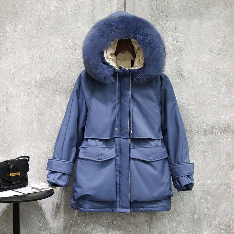 Fur collar down jacket with white duck down filling, hood, slim fit, available in five colours