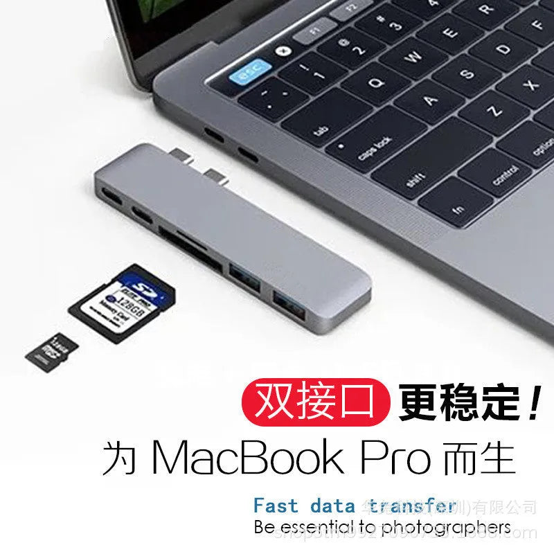 USB-C hub 109x33x10mm with dual Type-C, two USB 3.0 ports, SD and Micro SD slots, grey or silver