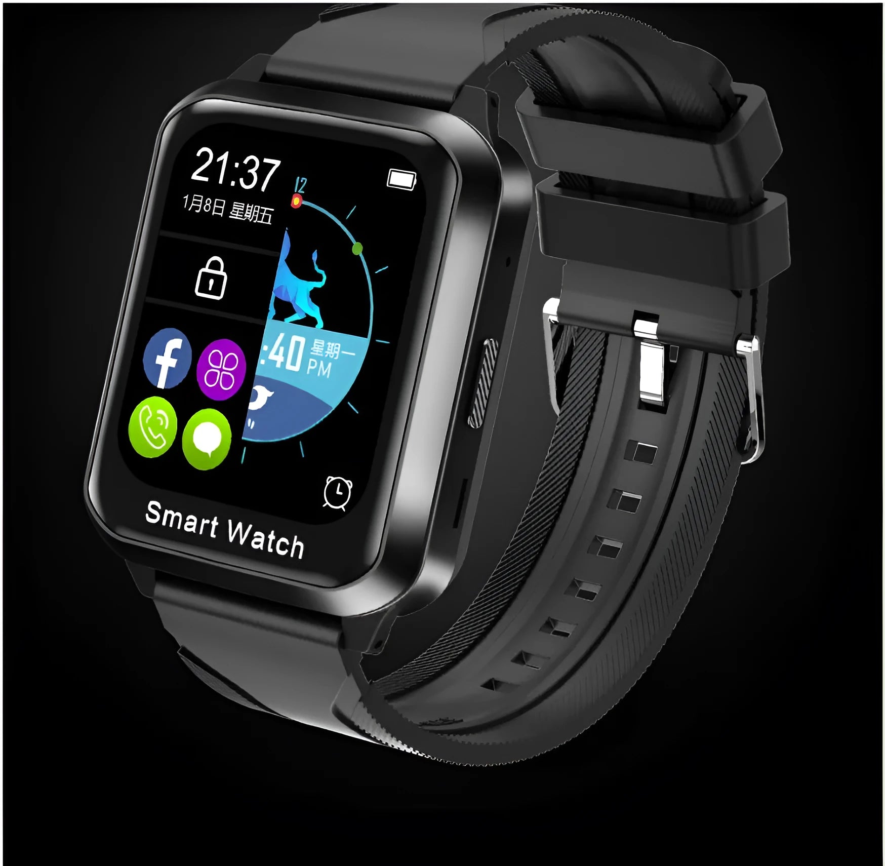 Smart bracelet with split screen display showing notifications, silicone wrist strap in black colour option