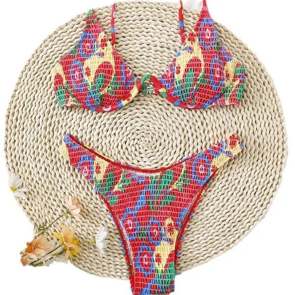 Red floral print women's underwire two-piece bikini swimsuit on a mannequin.