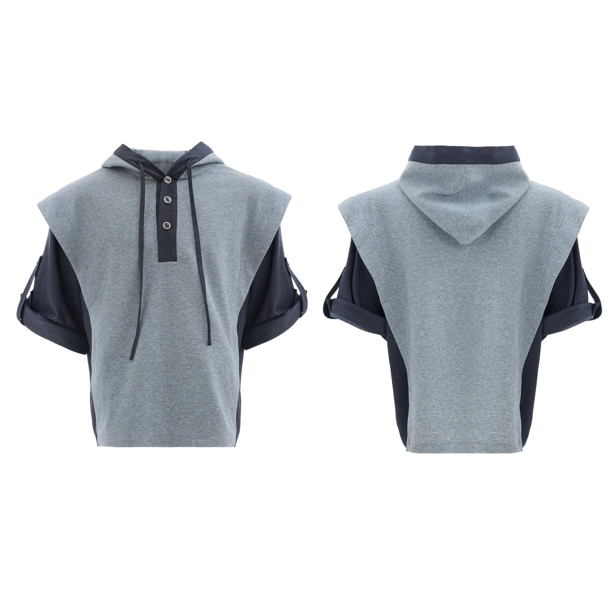 Heavy industry sports leisure suit set showing hooded polyester sweatshirt with three-dimensional stitching and matching trousers