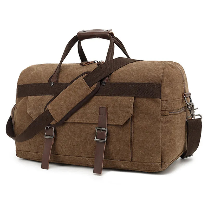 Men's large canvas crossbody travel bag in a retro style, shown in a solid colour.