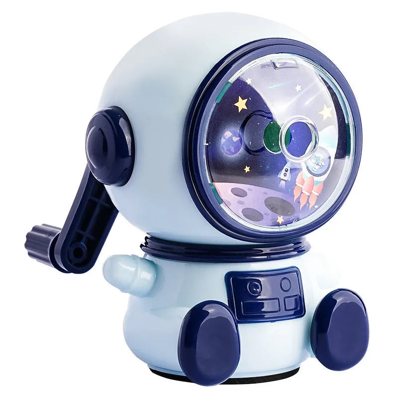 Astronaut-themed manual pencil sharpener with anti-jam mechanism for 2mm leads in blue or pink colour