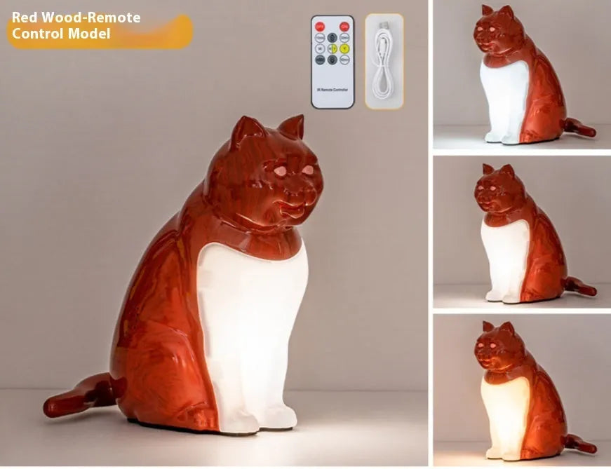 Decorative cat ornament table lamp with USB charging port in wood grain finish