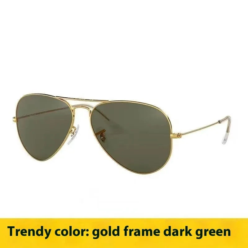 Tempered glass sunglasses with UV protection in gold, silver, and black frame colour options