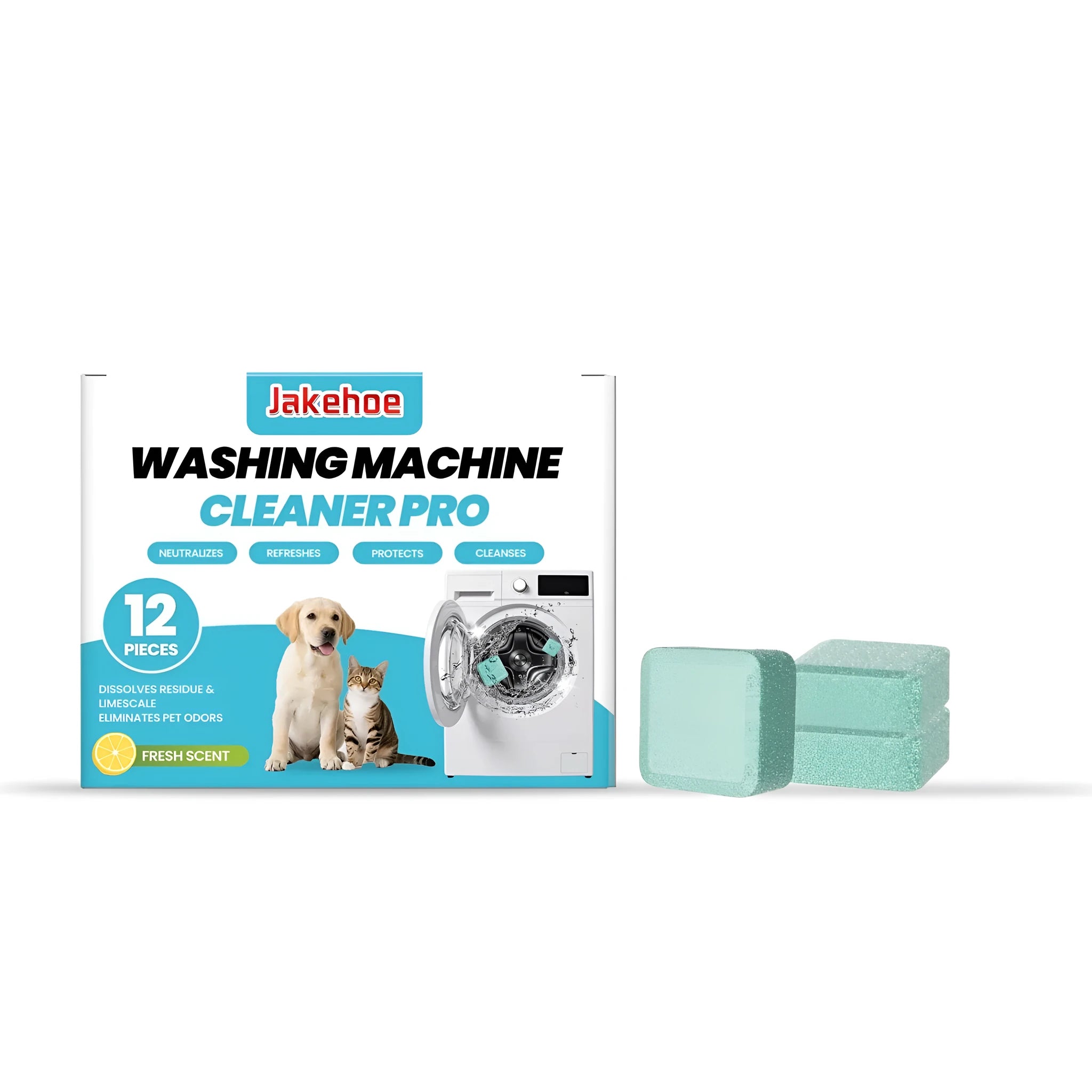 Pack of twelve white washing machine cleaning sheets for appliance maintenance.