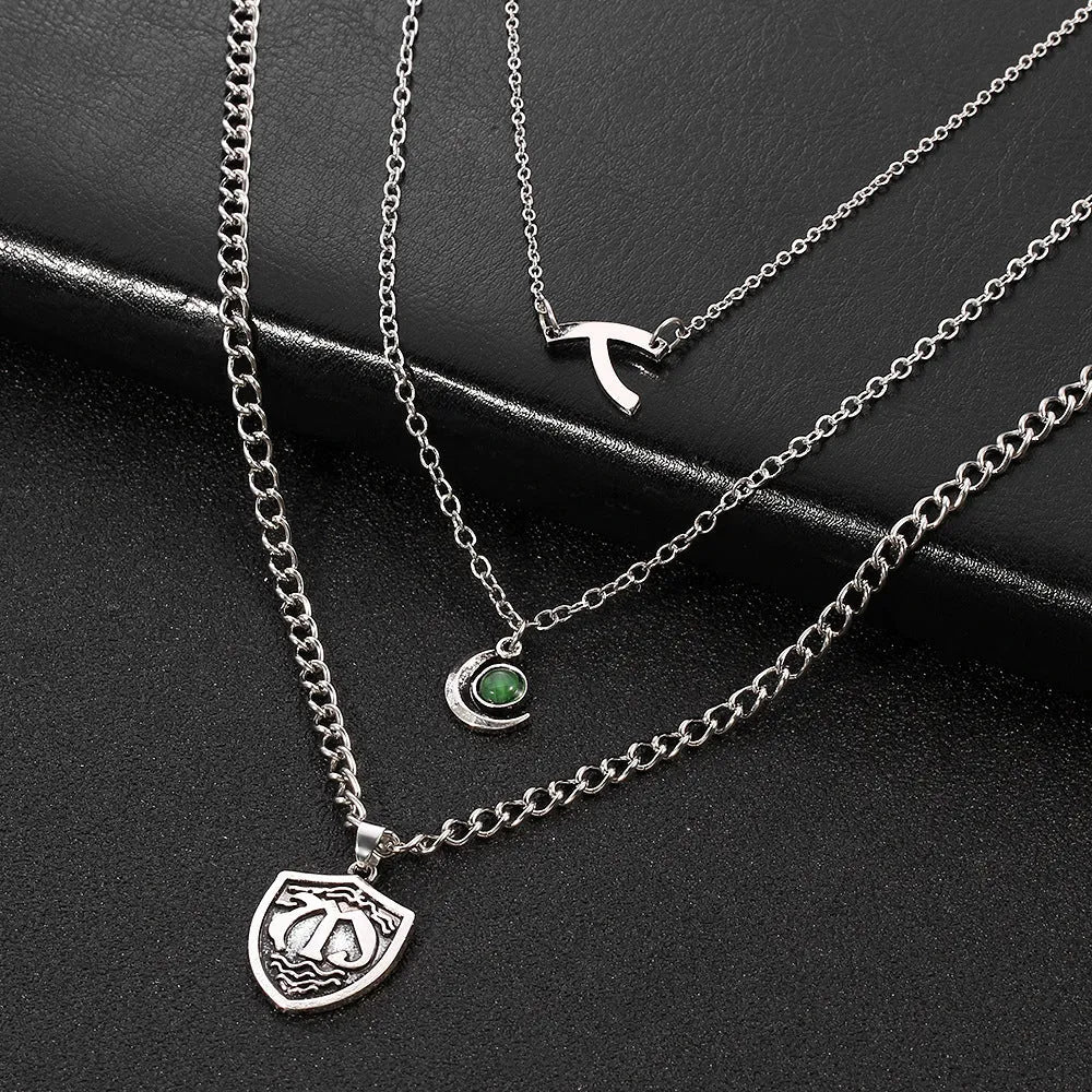 Silver electroplated alloy multilayer short necklace with Seven Deadly Sins pendant and water wave chain