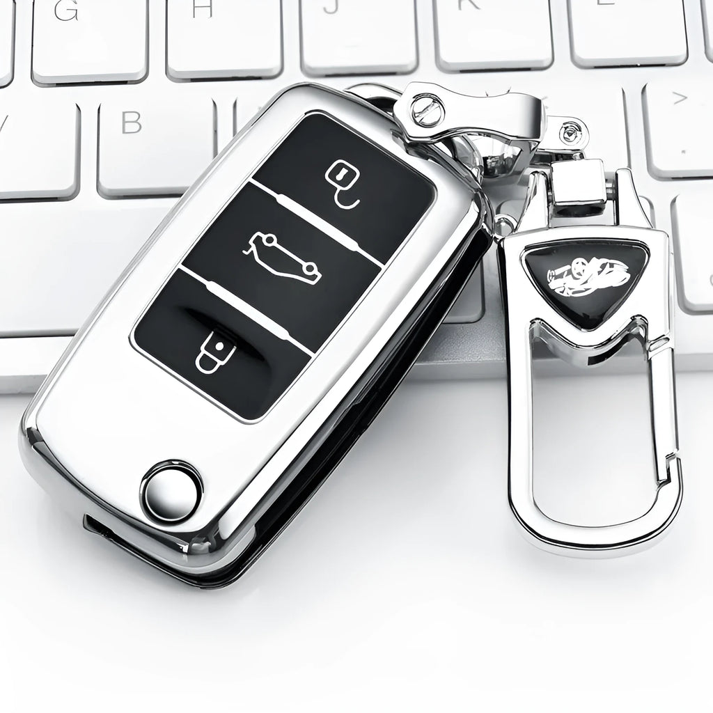 Volkswagen VW Model A folding car key inside a slim TPU protective case in blue, showing three-key capacity.