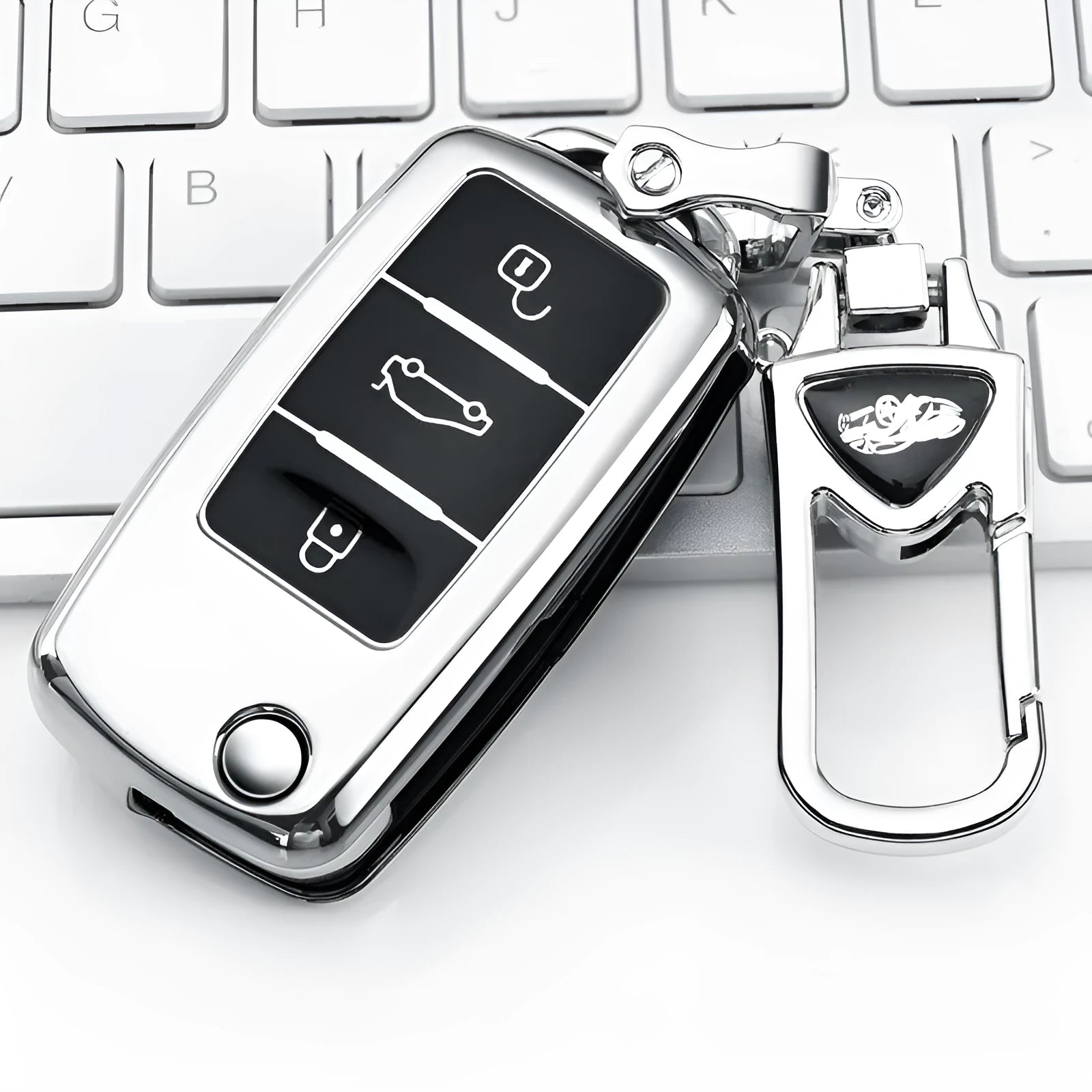 Volkswagen VW Model A folding car key inside a slim TPU protective case in blue, showing three-key capacity.