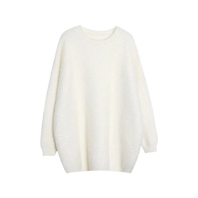 Mid-length acrylic knitwear pullover in camel colour with long sleeves and loose fit