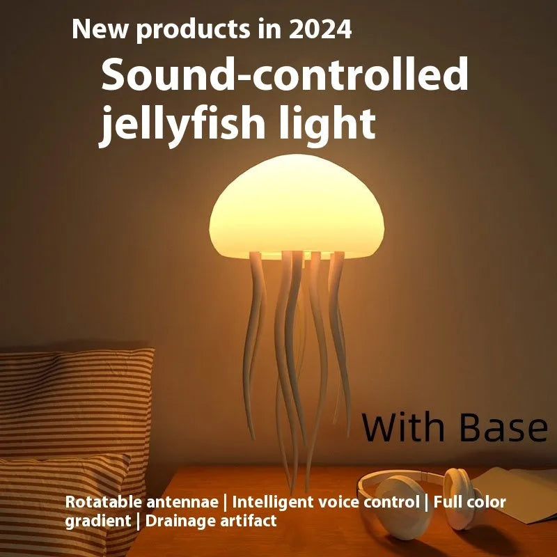 Jellyfish mood lamp with glowing adjustable tentacles on a desk next to a phone.