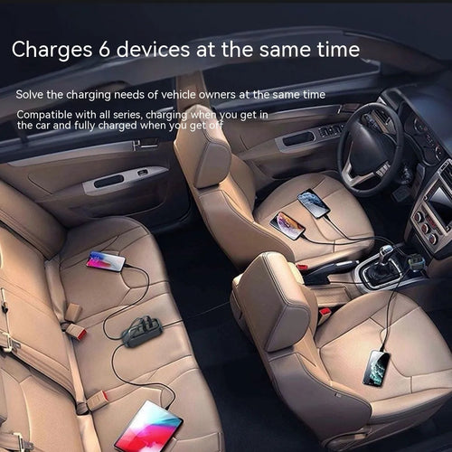 Automatic retractable car charger plugged into a vehicle cigarette lighter socket with its cable extended.