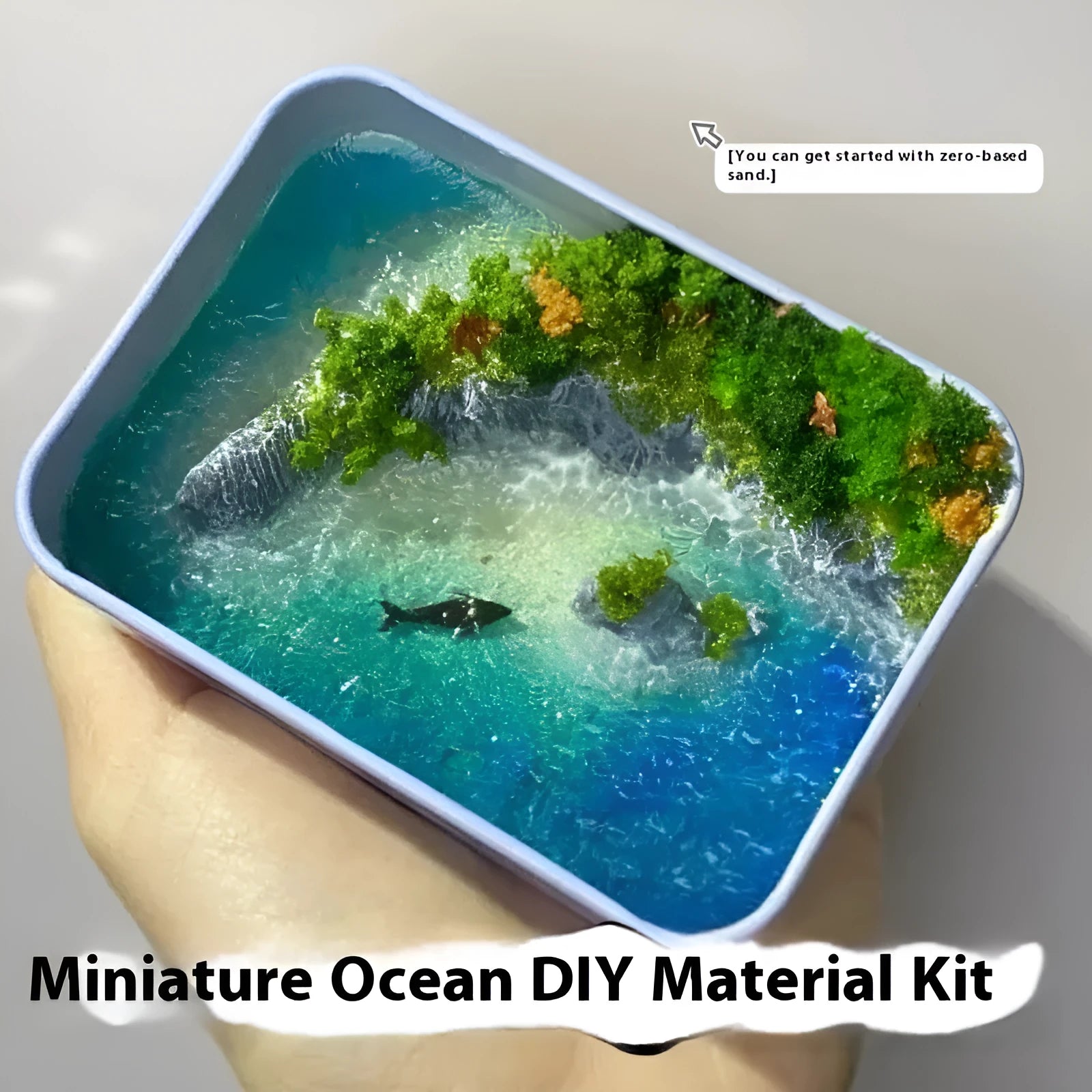 DIY bamboo marine landscape model ornament kit showing materials and example finished design.