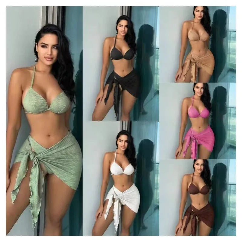 Women's three-piece swimsuit set with Russian split design in avocado green colour