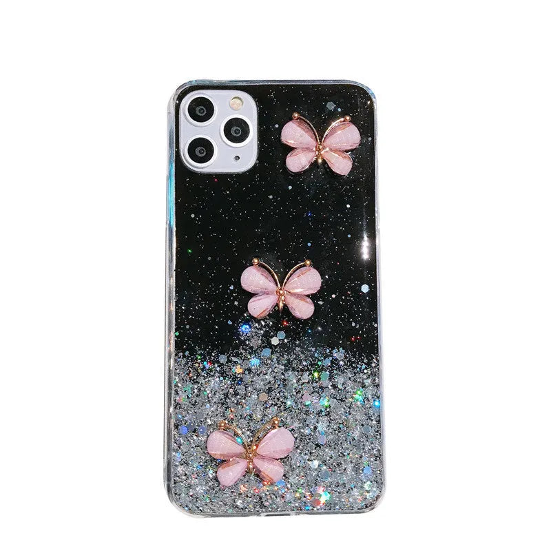 Butterfly starry sky glitter TPU phone case for iPhone, transparent back cover with drop protection