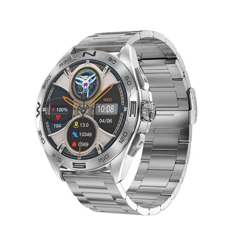 Black stainless steel smart watch showing health stats on IPS screen, with WhatsApp notification visible.
