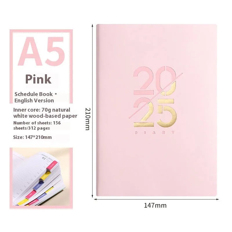 2025 A5 daily schedule book with soft faux leather cover, open to show weekly planner layout.