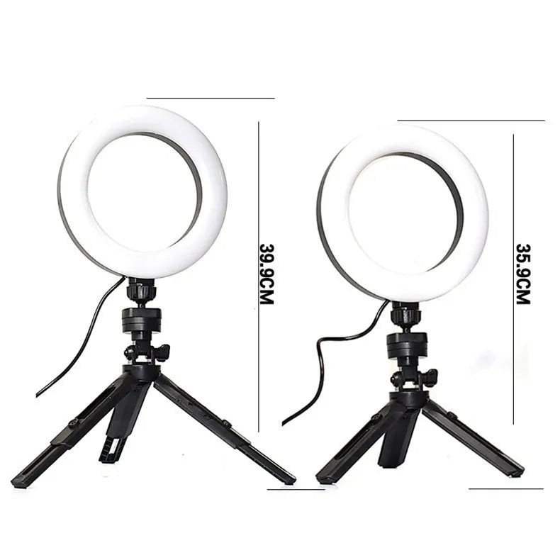 Black desktop mobile phone bracket with adjustable colour fill light and flexible gooseneck arm