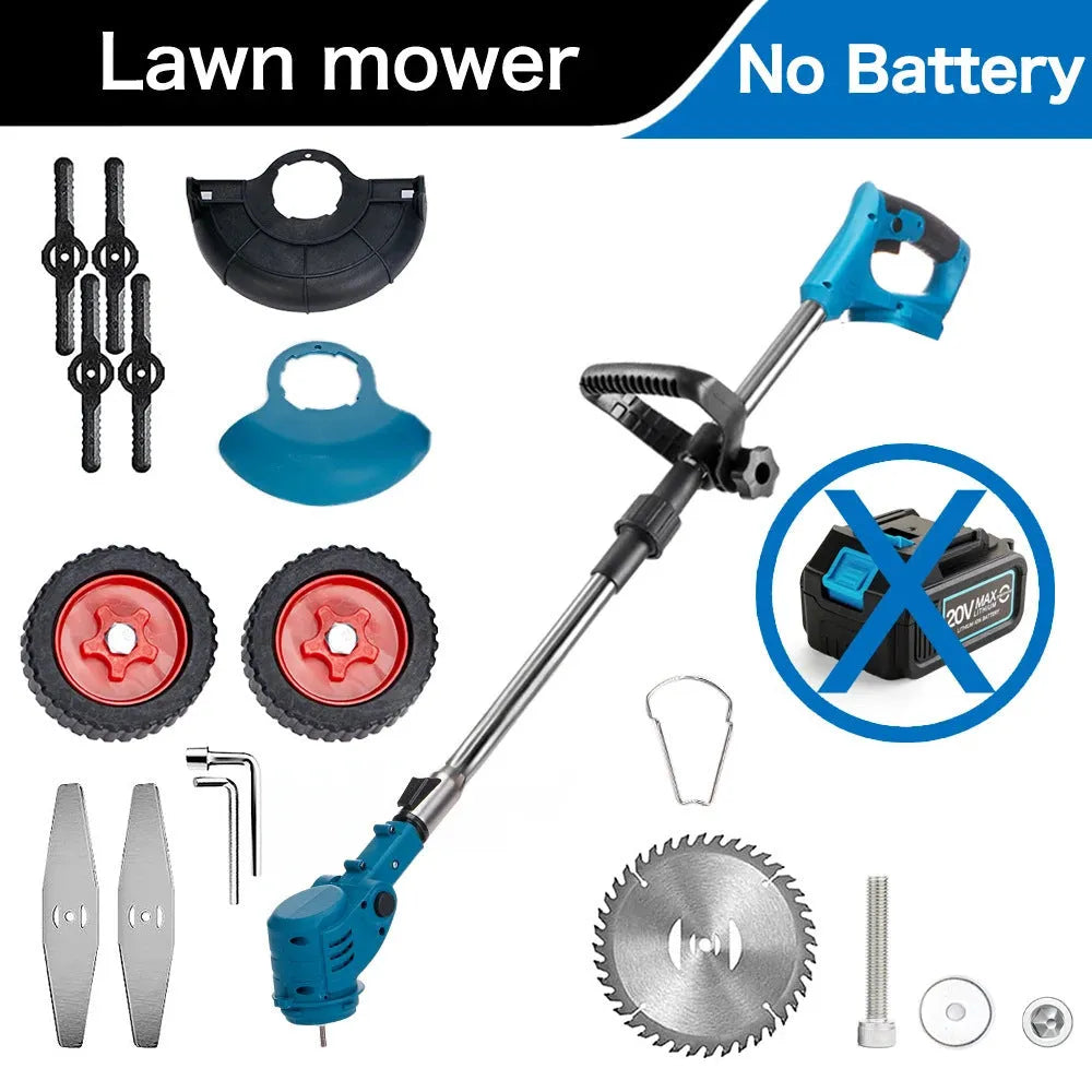 Folding lithium electric lawn mower with telescopic handle, circular blade, and wheels on grass
