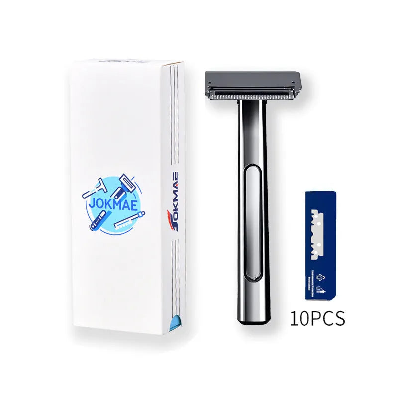 20T double-layer half-blade manual shaver with suspension head in bronze finish, next to a pack of 10 blades.
