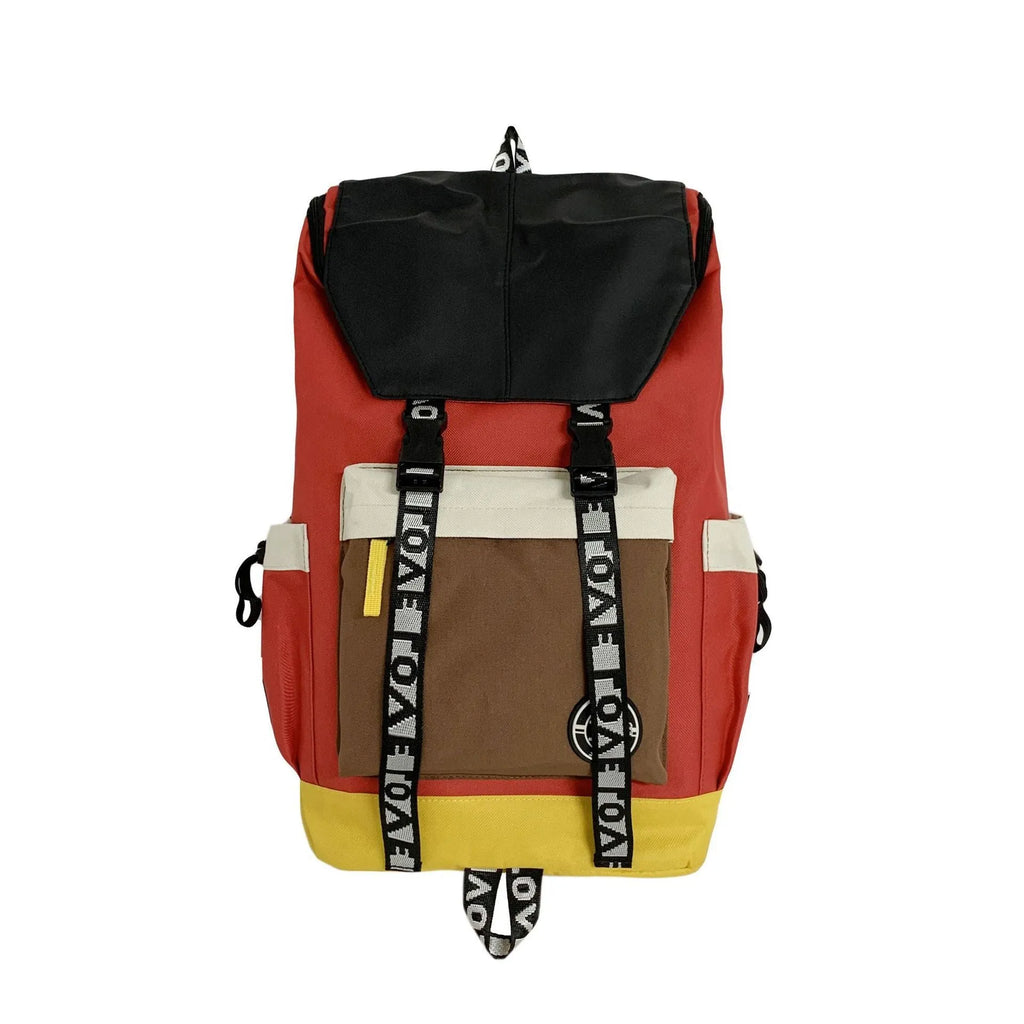 Oxford cloth backpack in black, green, or red with multiple carry handles and straps.