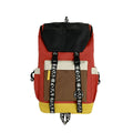 Oxford cloth backpack in black, green, or red with multiple carry handles and straps.