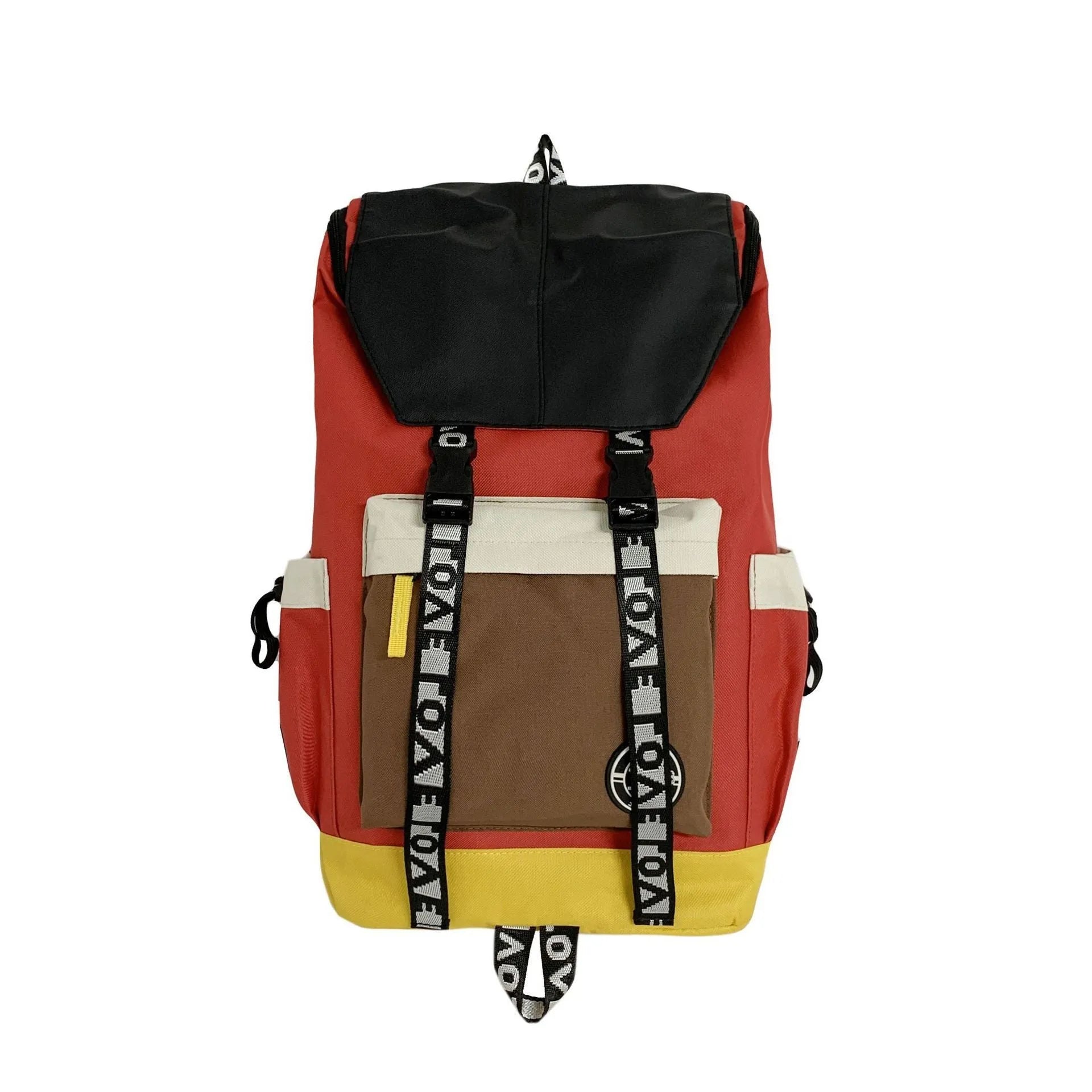 Oxford cloth backpack in black, green, or red with multiple carry handles and straps.