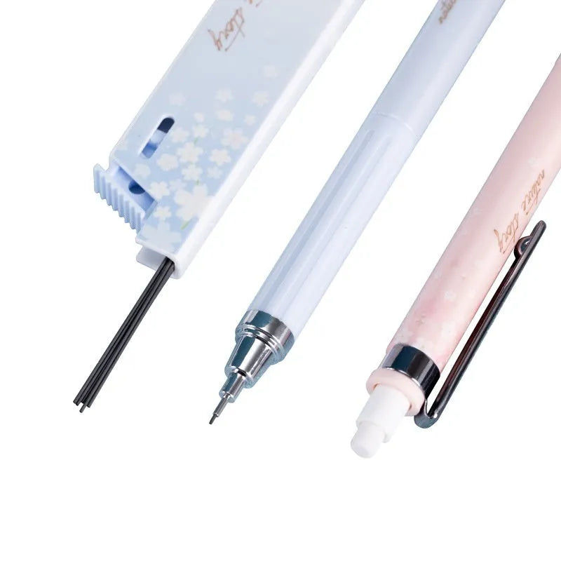 Simplified cartoon-style automatic pencil set with three pens and three boxes of HB lead refills.