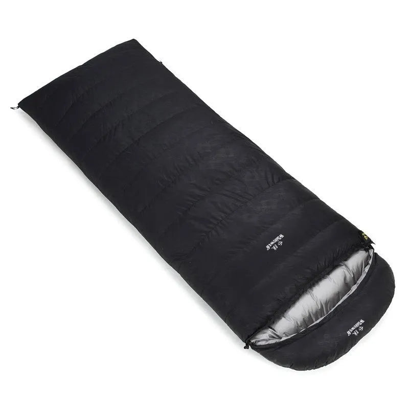 Black outdoor sleeping bag with white goose down fill and envelope construction.
