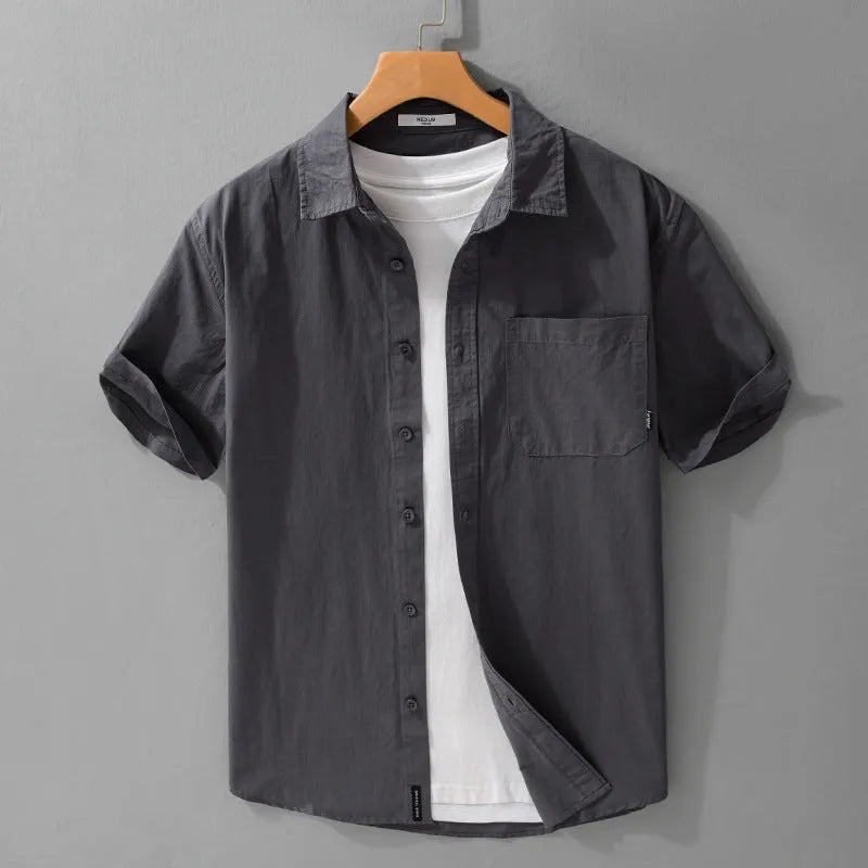 Men's loose fit cotton short sleeve shirt in cardigan style showing available colour options