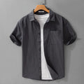 Men's loose fit cotton short sleeve shirt in cardigan style showing available colour options
