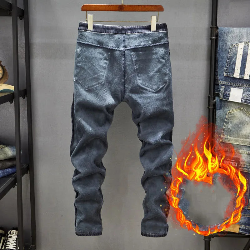 Men's dark blue and light blue slim-fitting skinny jeans made from cotton denim.