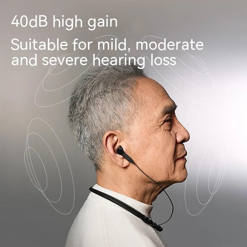 Wireless Bluetooth headset in black with digital display screen, silicone ear pieces, intelligent noise reduction, 16-channel hearing aid chip