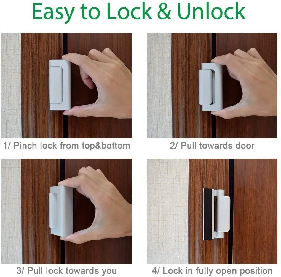 Silver aluminium alloy child safety door lock with 3-inch stop and hinge upgrade