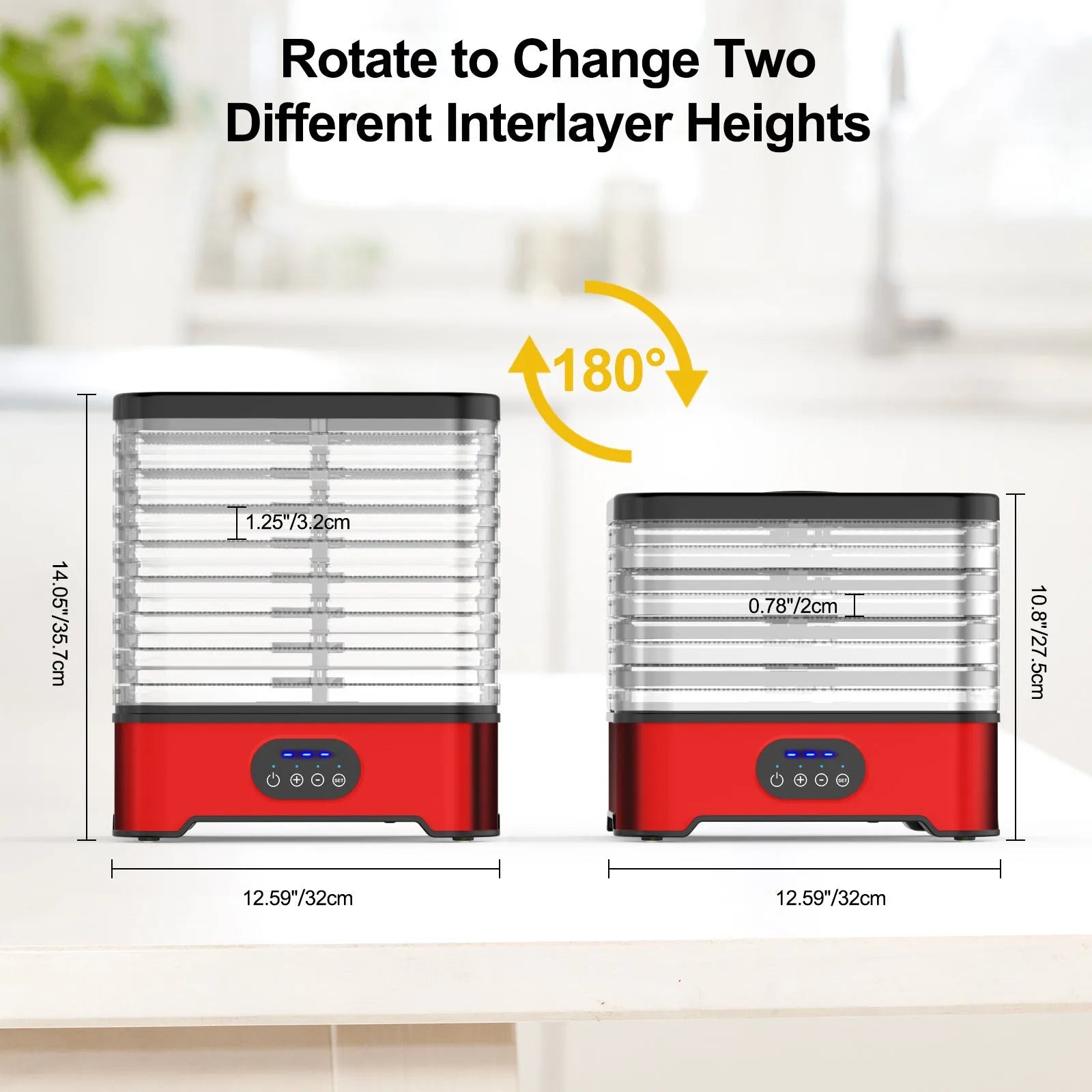 Silver and red food dehydrator with eight stainless steel drying trays, shown with storage dimensions.