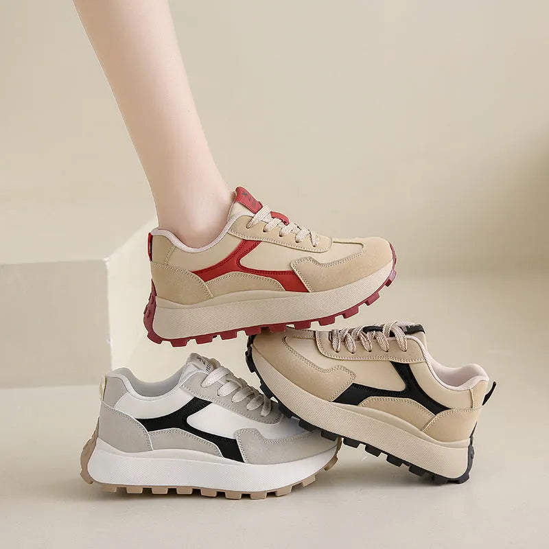 Women's low-top solid colour sports shoes with flat heel and lace-up front in Card Black, Khaki Red, and White Grey.