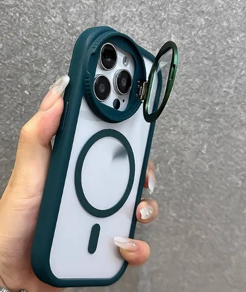 iPhone case with acrylic back, silica gel edge, lens film bracket, and hand rope in black