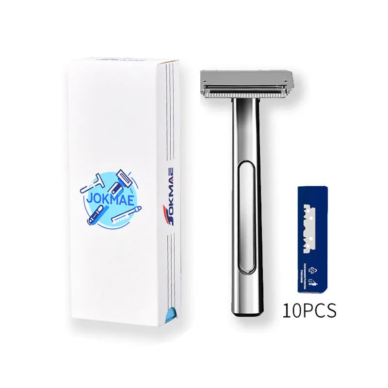 20T double-layer half-blade manual shaver with suspension head in bronze finish, next to a pack of 10 blades.
