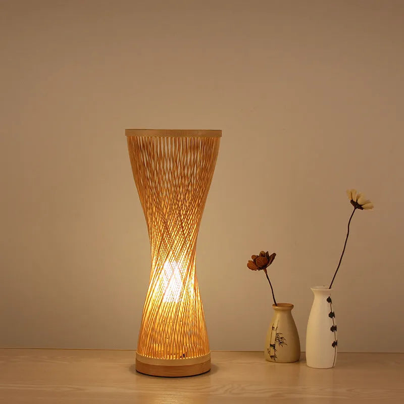 Creative Japanese bedside lamp with hand-woven bamboo shade, 17cm diameter, 40cm height, on a wooden table